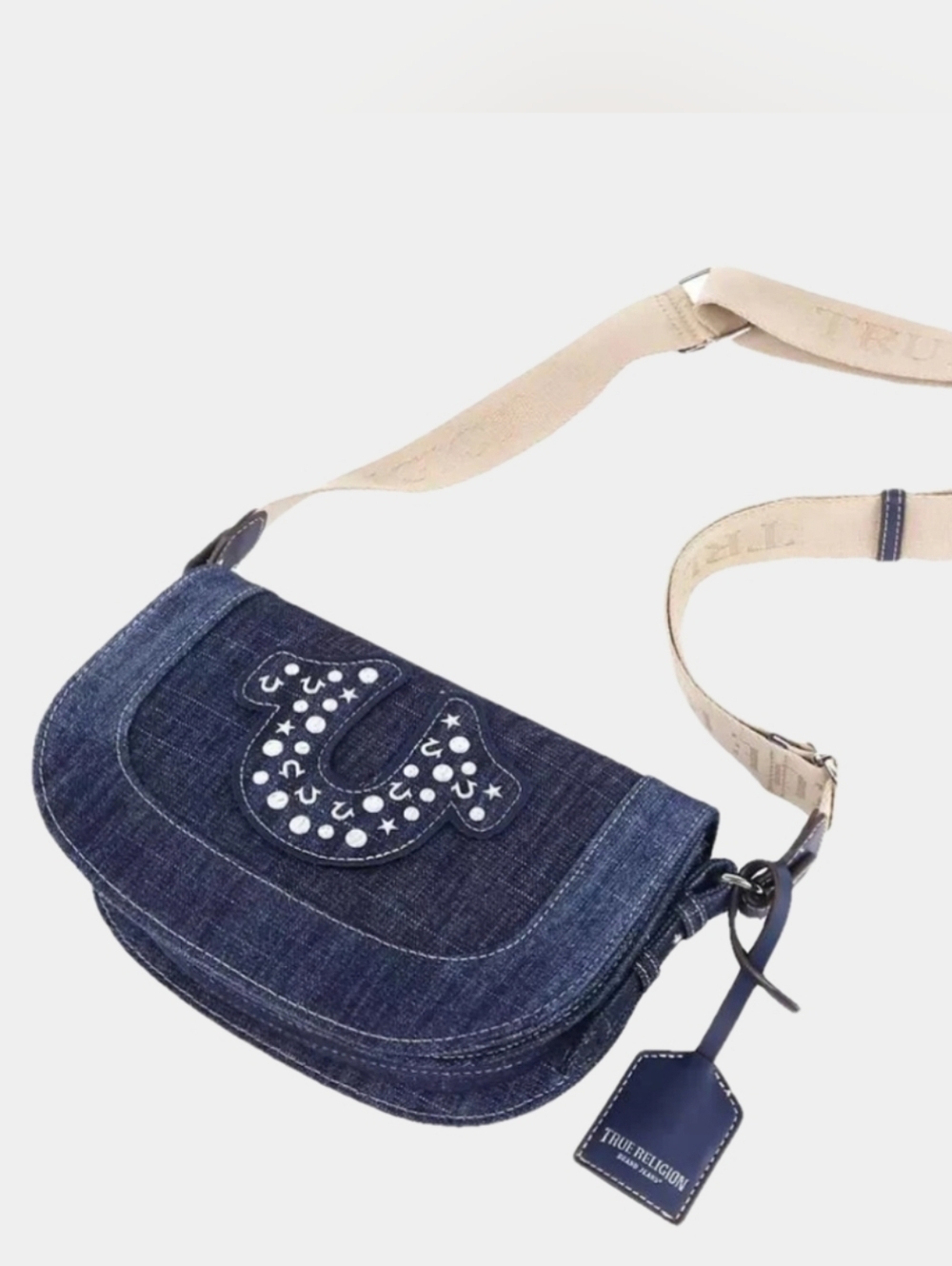 True Religion Studded Horseshoe Denim Flap Crossbody Bag NWT